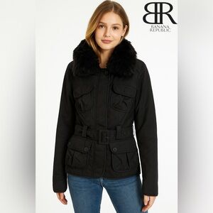 Banana Republic Black Jacket Coat with Faux Fur Detachable Collar